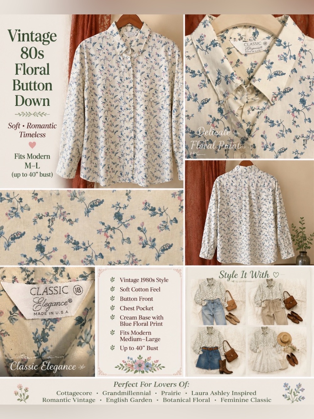 *Vintage 80’s- Floral Button Down - Oxford Shirt -